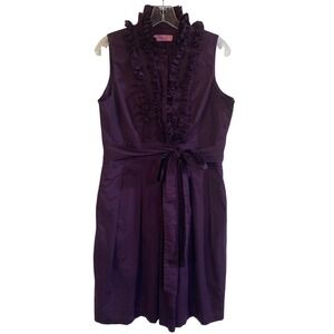 Eliza J. Sleeveless Cocktail‎ Poplin Midi Dress w/Ruffle Front Tie Waist Plum M